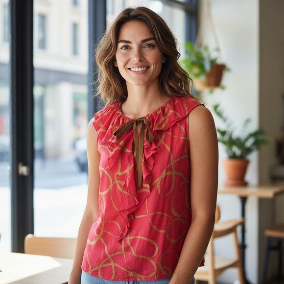 Ann Taylor Loft Women's Hot Pink & Brown Ruffled Tunic Top Sz S - Picture 1 of 9
